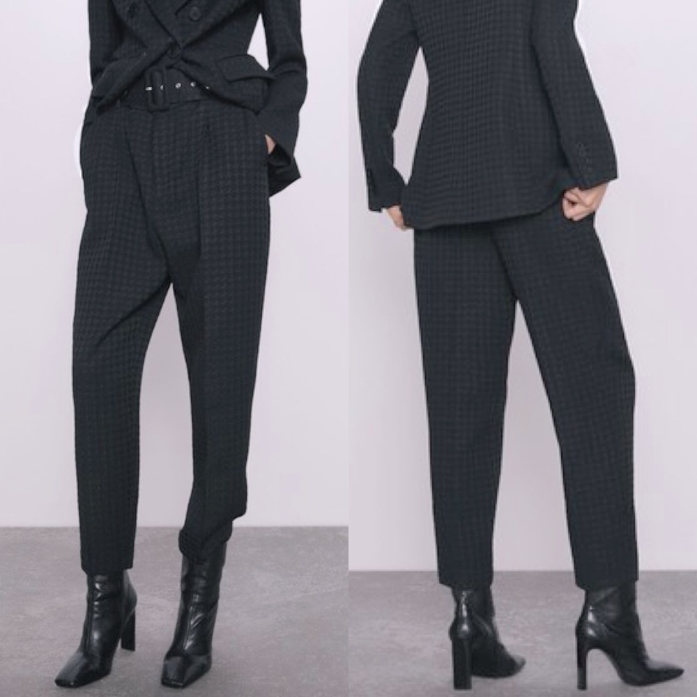 Zara HOUNDSTOOTH PRINT HIGH-WAIST SKINNY TROUSERS W/BELT BLACK COLOR SIZE XS NEW